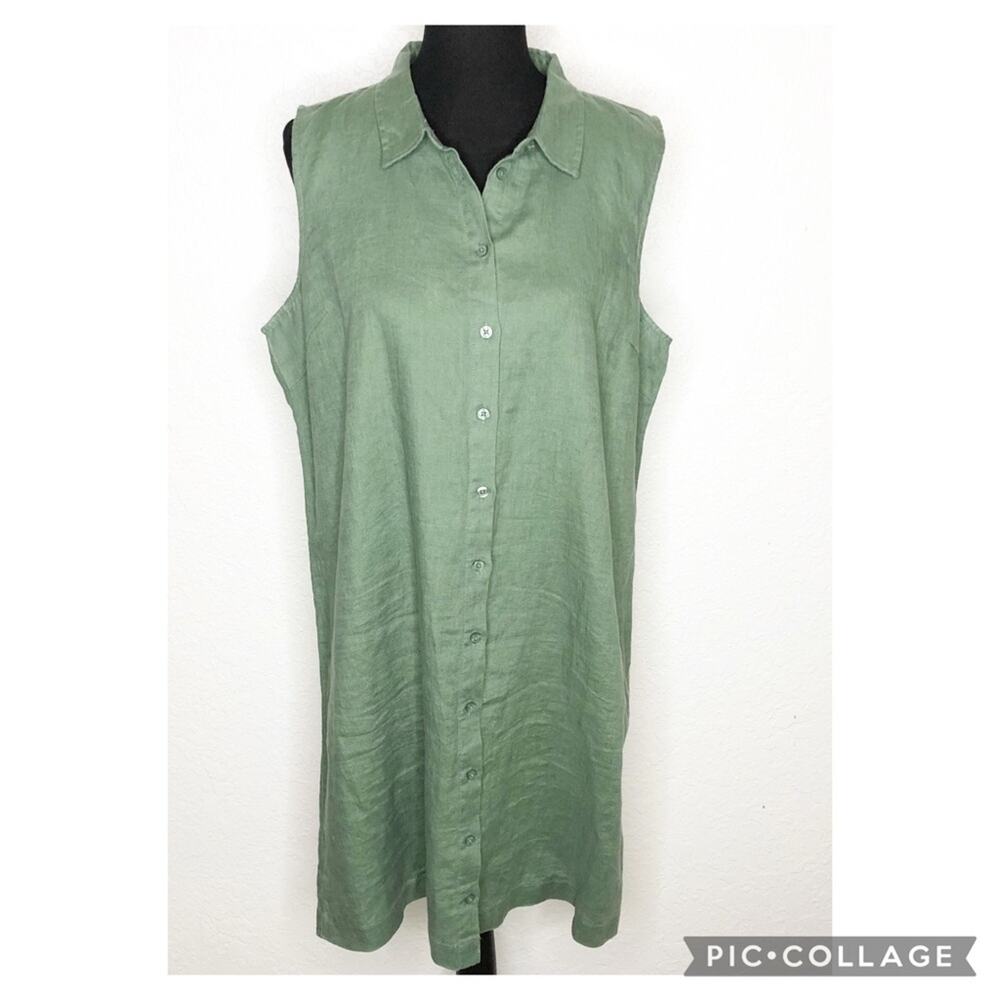 Garnet Hill moss army green sleeveless linen midi shirt dress size 16